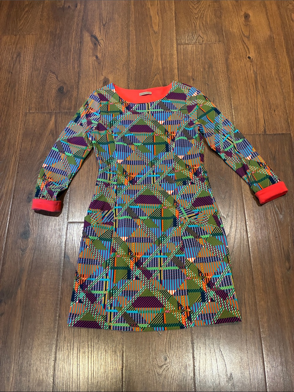 Colorful Geometric Long Sleeve Dress with Coral Trim